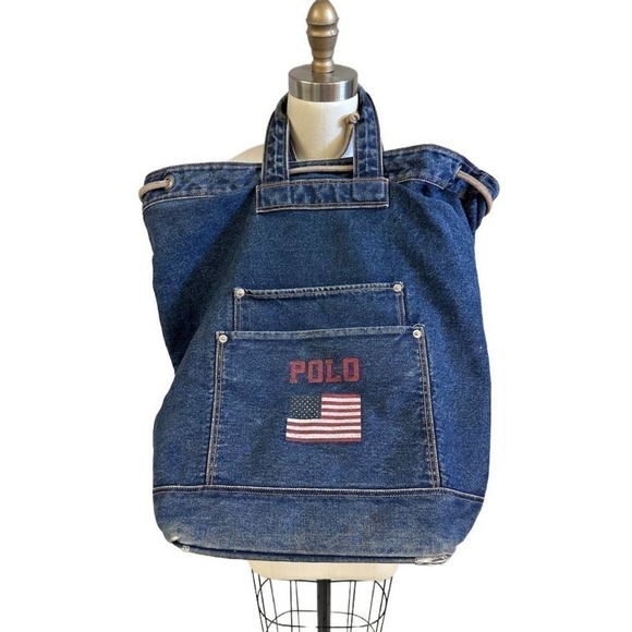 Ralph Lauren Polo Handbags - Vtg Ralph Lauren Polo US  Flag Denim Duffle Bag  X Large